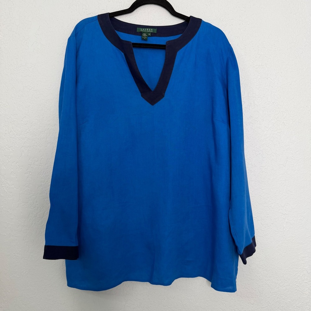 Lauren Ralph Lauren Blue 100% Linen Tunic Split Neck Long Sleeve Top Womens 2X